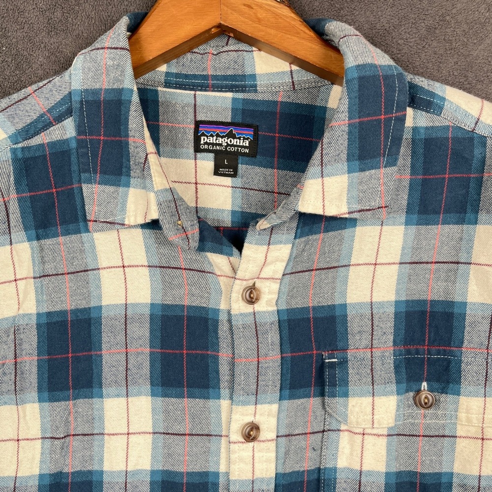 Patagonia Fjord Flannel Shirt Mens Large Blue Plaid Organic Cotton Button 42410